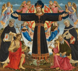 Christus aan het Kruis met Heiligen Vincent Ferre, Johannes de Doper, Marcus en Antonius, c.1491-5 door Master of the Fiesole Epiphany
